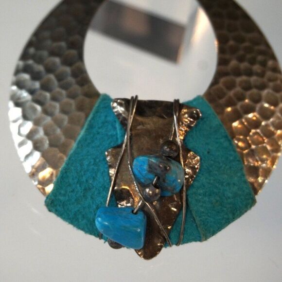 Large Statement Earrings Hammered Silver Tone Metal Turquoise Stone With Fabric - Picture 3 of 6